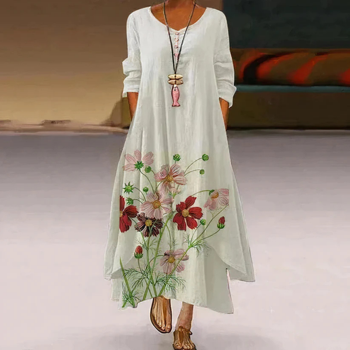 Damen Sommer Doppellagiges Langarm Bedrucktes Kleid | Maxi