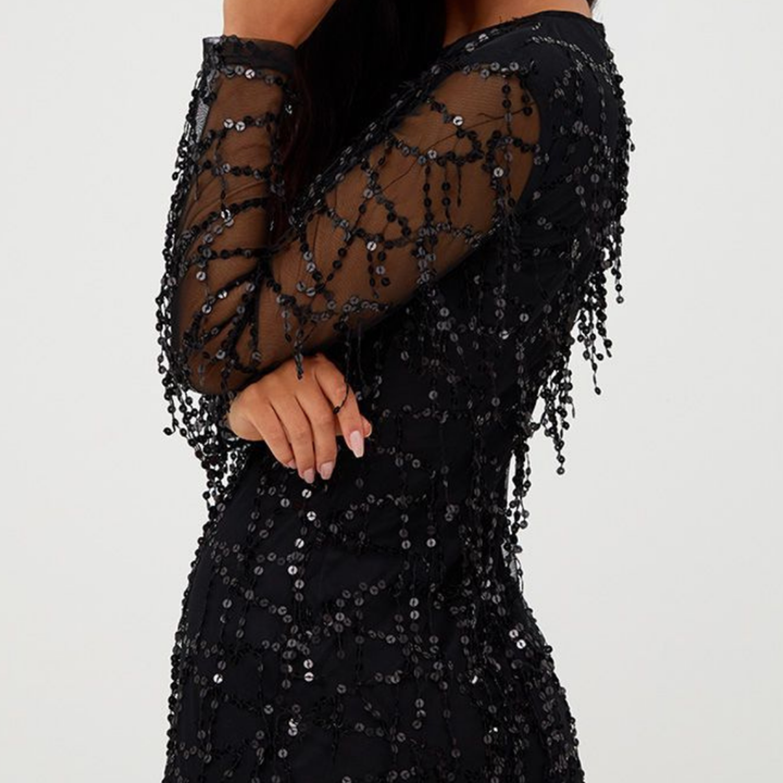 Damen Funkelndes Pailletten Perlen Night-Out Kleid | Mini