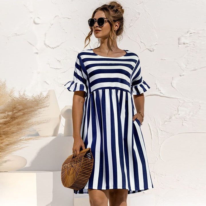 Sommerkleid Mit Rundhalsausschnitt Und Streifen Für Damen | Mini