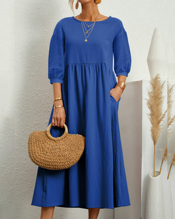 Damenkleid Mit 3/4 Ärmeln Und Rundhalsausschnitt | Midi