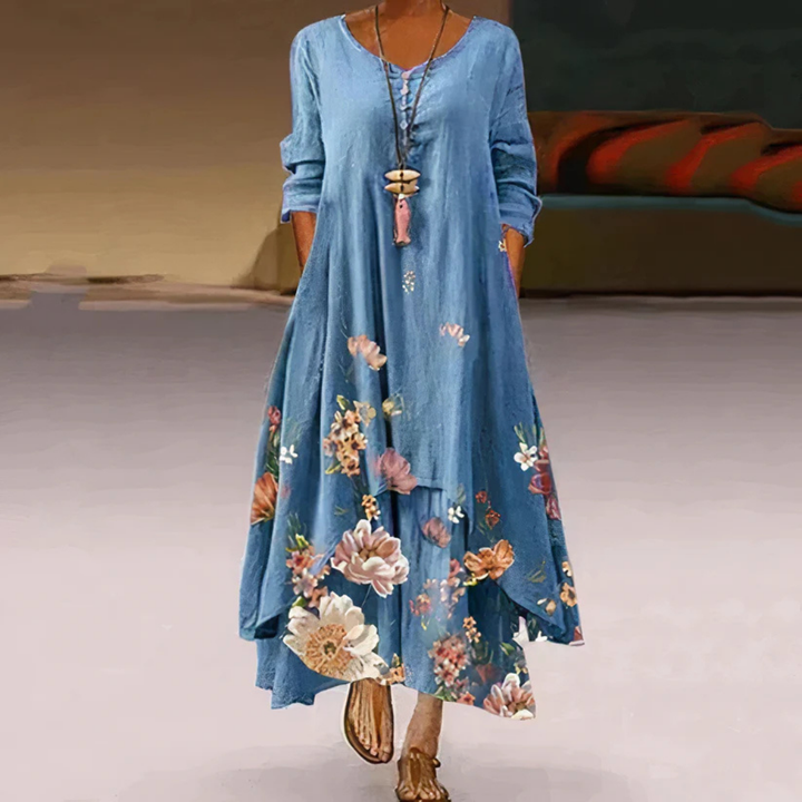 Damen Sommer Doppellagiges Langarm Bedrucktes Kleid | Maxi