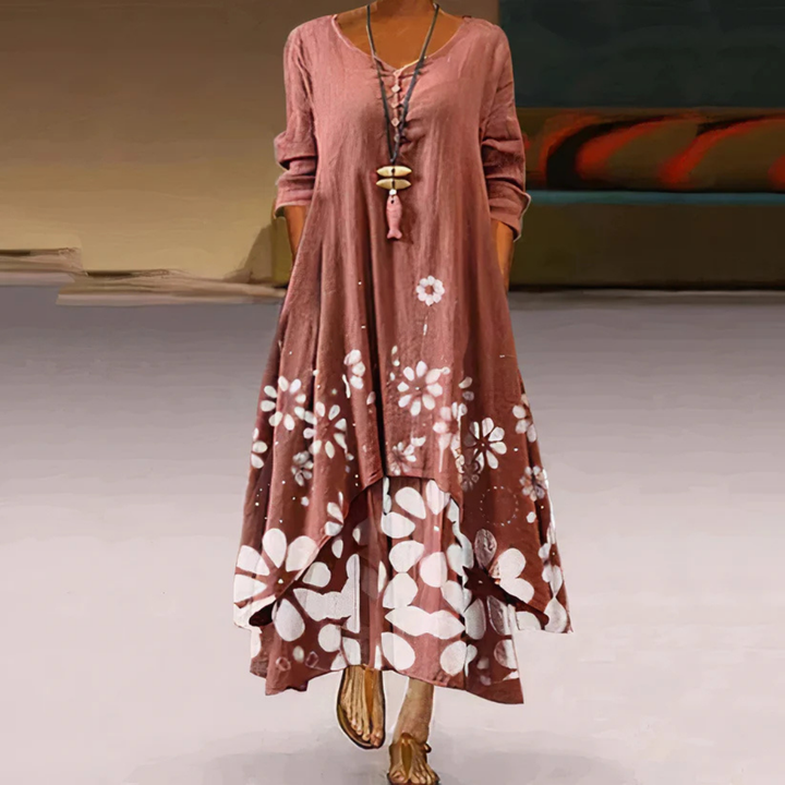 Damen Sommer Doppellagiges Langarm Bedrucktes Kleid | Maxi