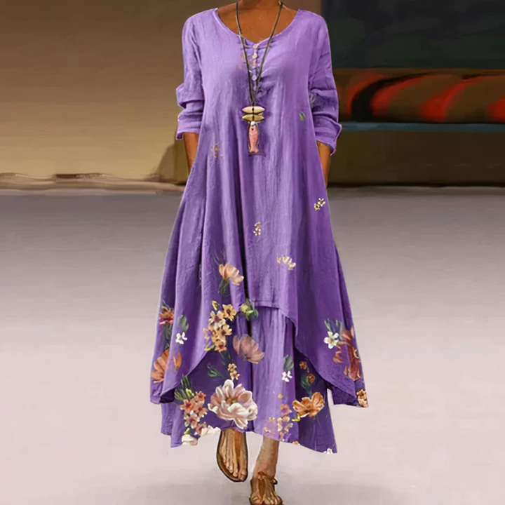 Damen Sommer Doppellagiges Langarm Bedrucktes Kleid | Maxi