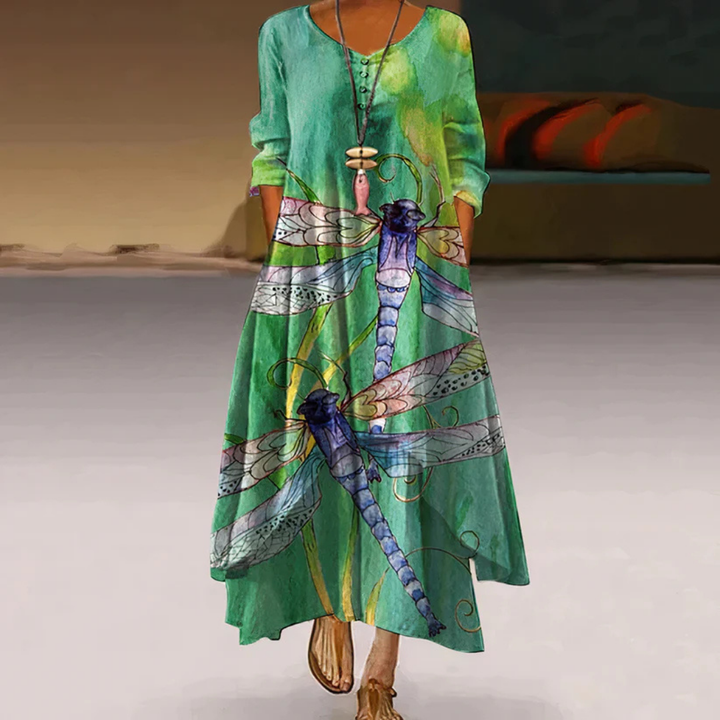 Damen Sommer Doppellagiges Langarm Bedrucktes Kleid | Maxi