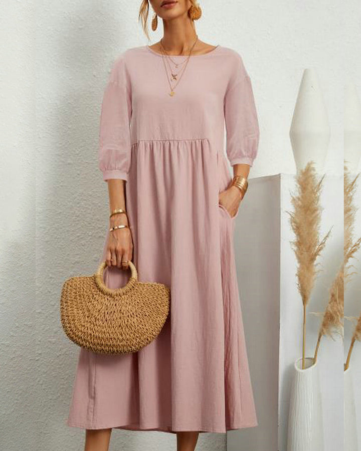 Damenkleid Mit 3/4 Ärmeln Und Rundhalsausschnitt | Midi