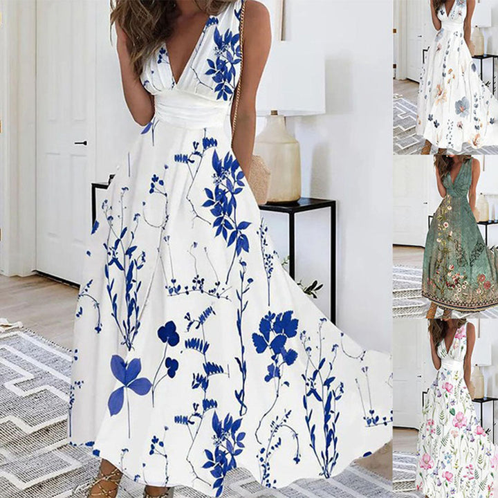 Damen Sommer Luftiges Tiefes V-Ausschnitt Blumen Kleid | Maxi
