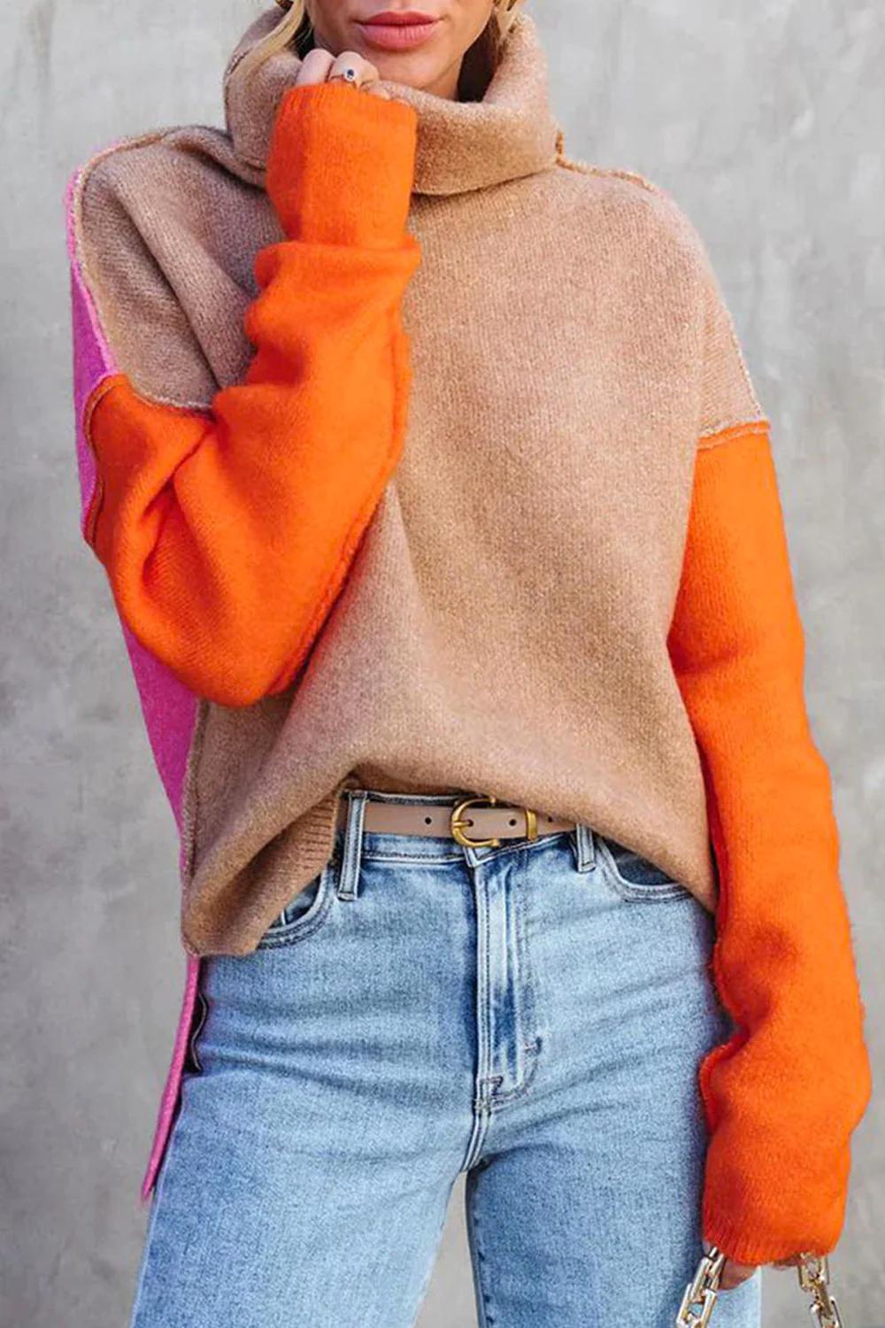 Damen Farbblock Rollkragenpullover | Gemütlich