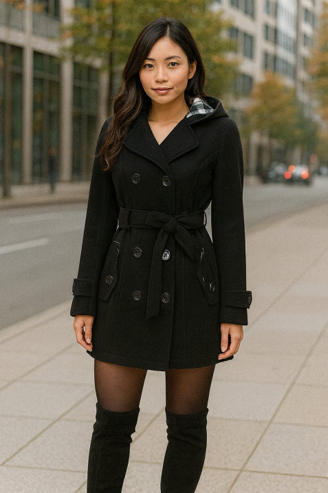 Damen Kapuzen Doppelreihiger Mantel | Gürtel