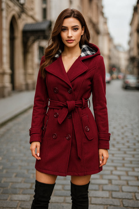 Damen Kapuzen Doppelreihiger Mantel | Gürtel