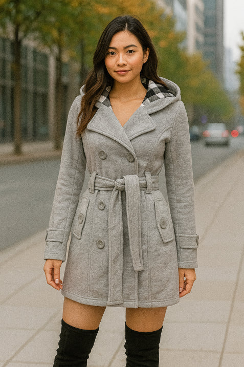Damen Kapuzen Doppelreihiger Mantel | Gürtel