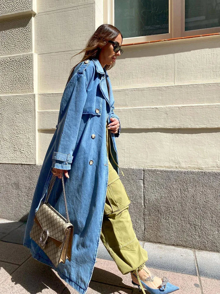 Langer Trenchcoat für Damen mit Gürtel | Blau