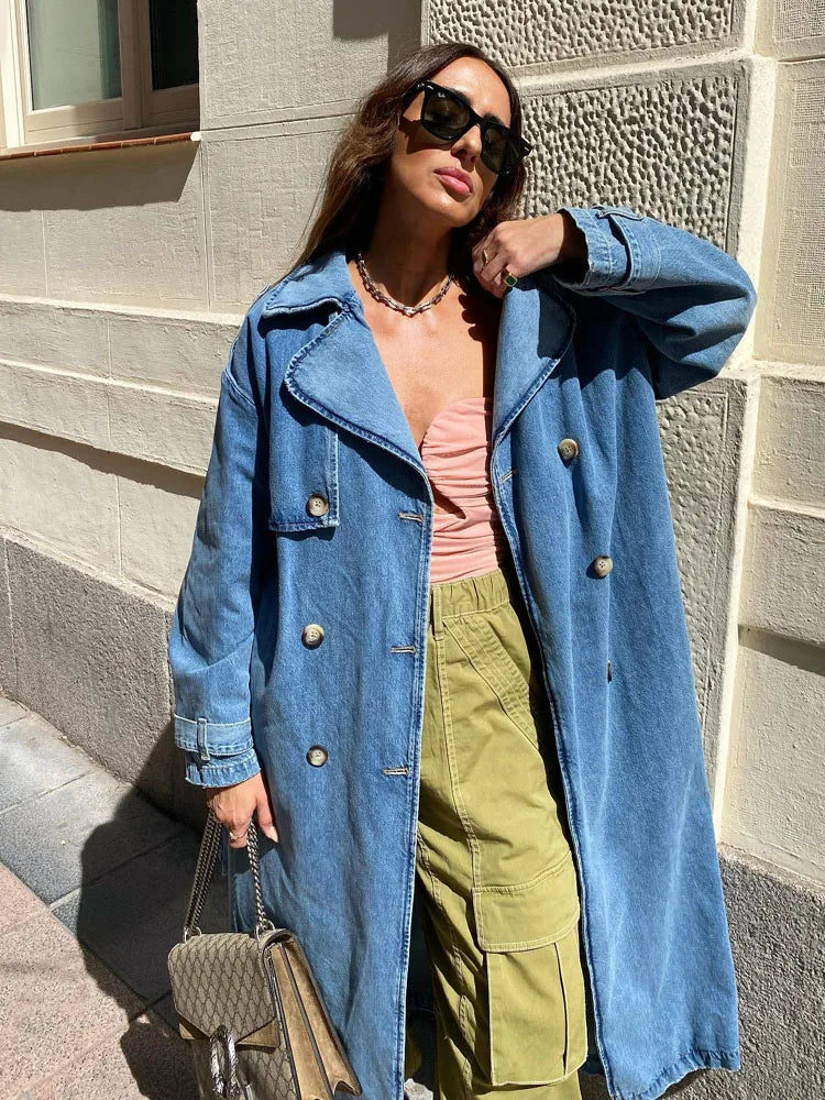 Langer Trenchcoat für Damen mit Gürtel | Blau