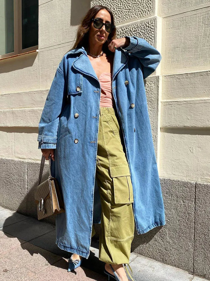 Langer Trenchcoat für Damen mit Gürtel | Blau