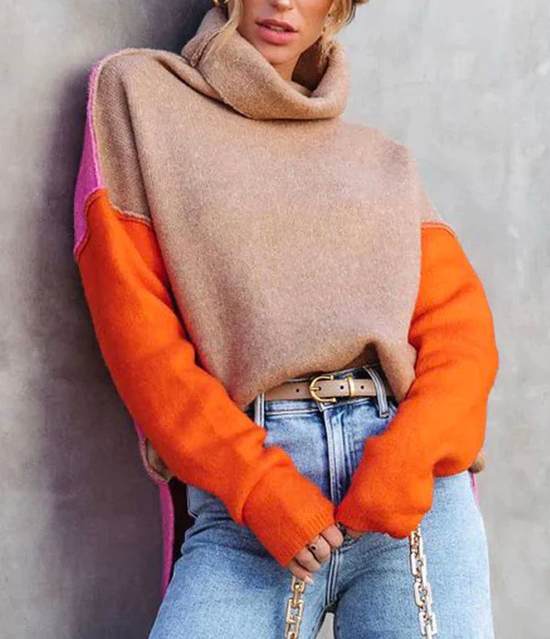 Damen Farbblock Rollkragenpullover | Gemütlich