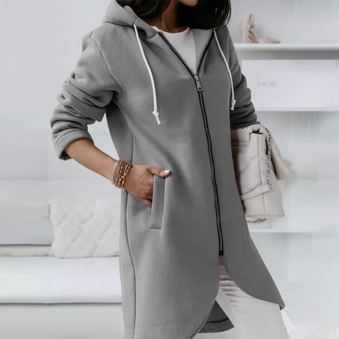 Eleganter Langer Damen-Kapuzenpullover | mit Reißverschluss