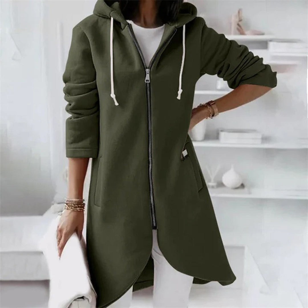 Eleganter Langer Damen-Kapuzenpullover | mit Reißverschluss