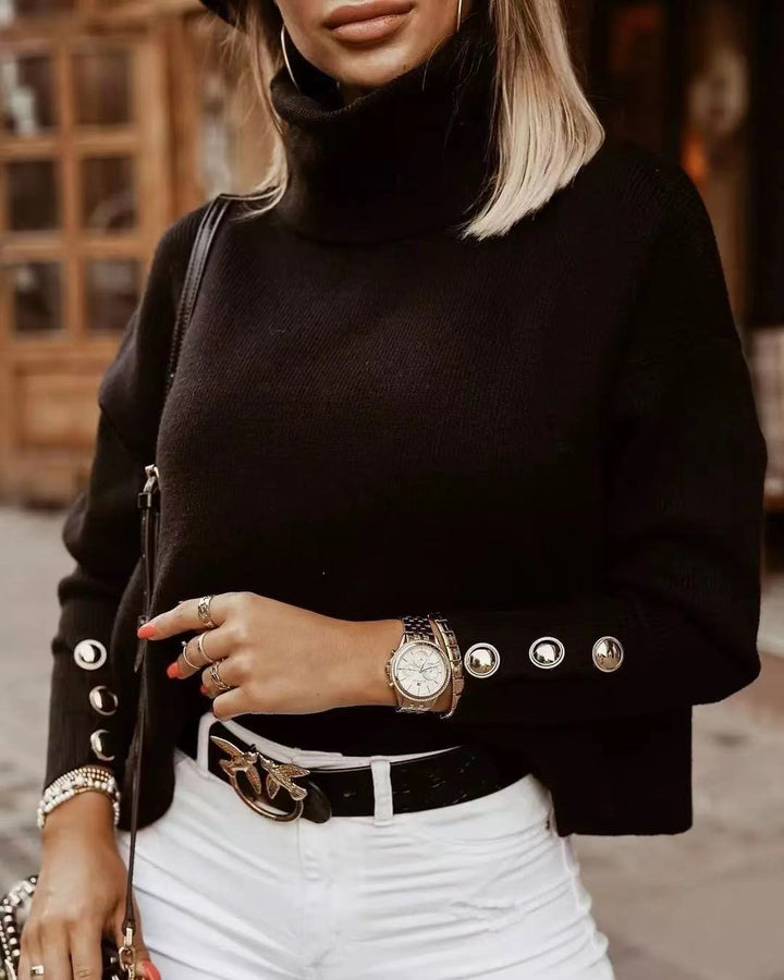 Damen Rollkragenpullover mit Knopf Ärmel | Lässig