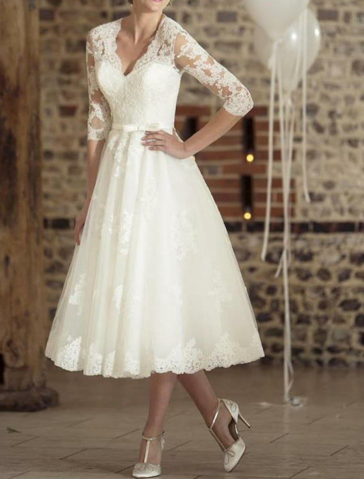 Damen Jahrgang 3/4 Ärmel Brautkleid | Midi