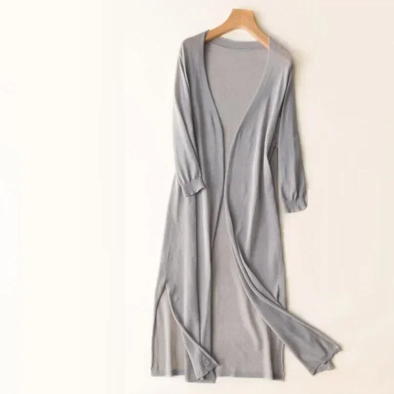 Leichter Langer Strickjacke für Damen | Offene Vorderseite
