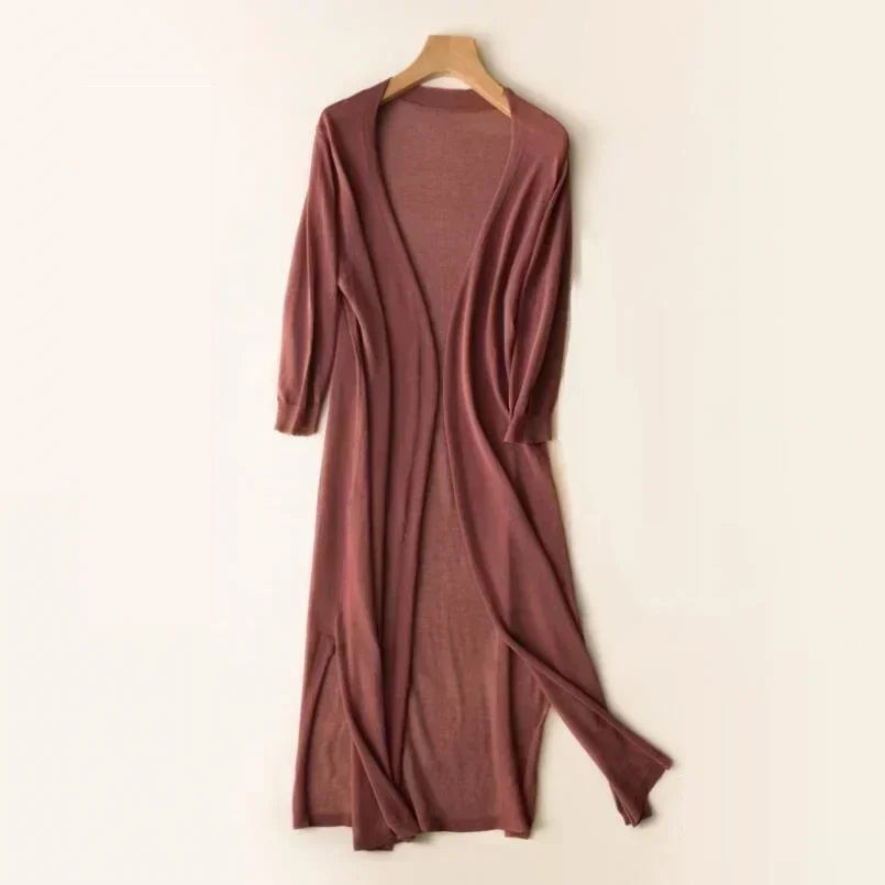 Leichter Langer Strickjacke für Damen | Offene Vorderseite