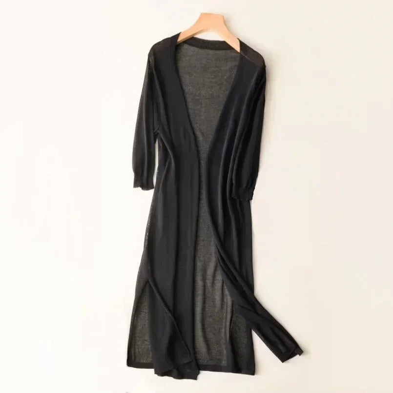 Leichter Langer Strickjacke für Damen | Offene Vorderseite