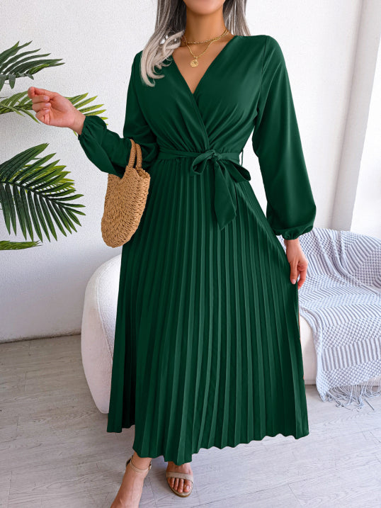 Damen Faltenrock Gürtel Taille V-Ausschnitt Kleid | Midi