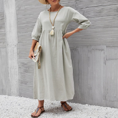 Damenkleid Mit 3/4 Ärmeln Und Rundhalsausschnitt | Midi