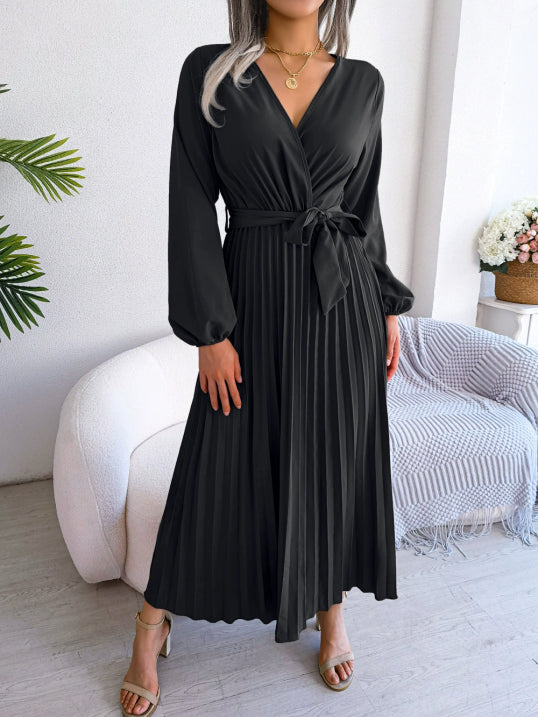 Damen Faltenrock Gürtel Taille V-Ausschnitt Kleid | Midi