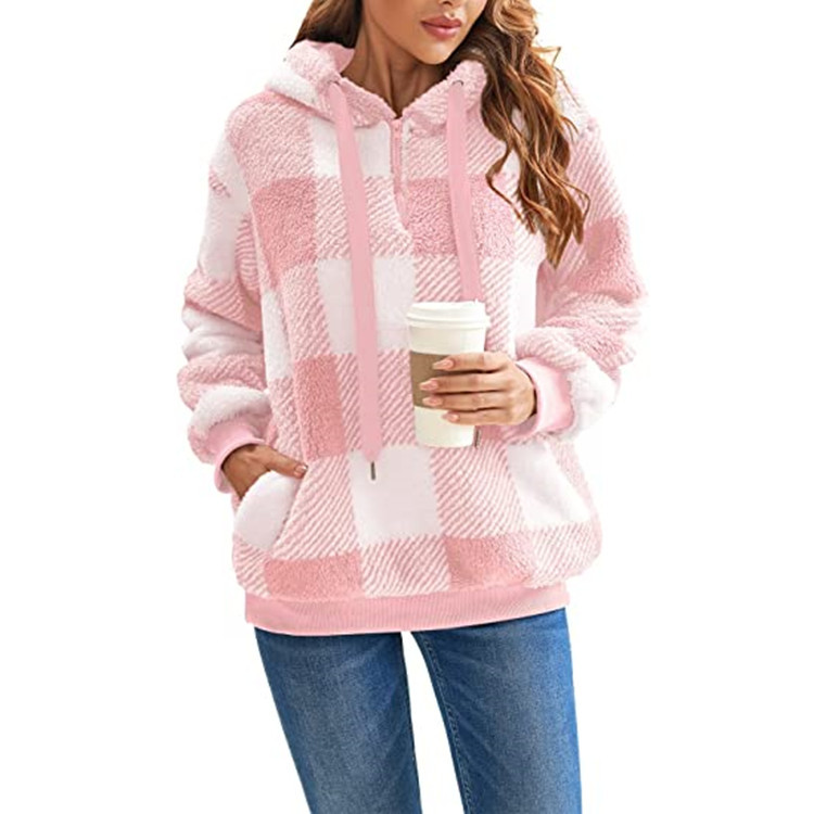 Damen Kapuzenpullover Mit Halbem Reißverschluss Und Karomuster | Strick