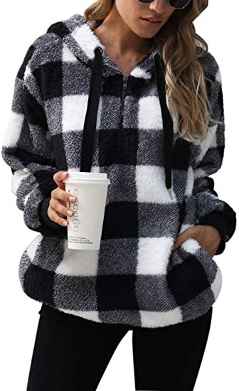 Damen Kapuzenpullover Mit Halbem Reißverschluss Und Karomuster | Strick