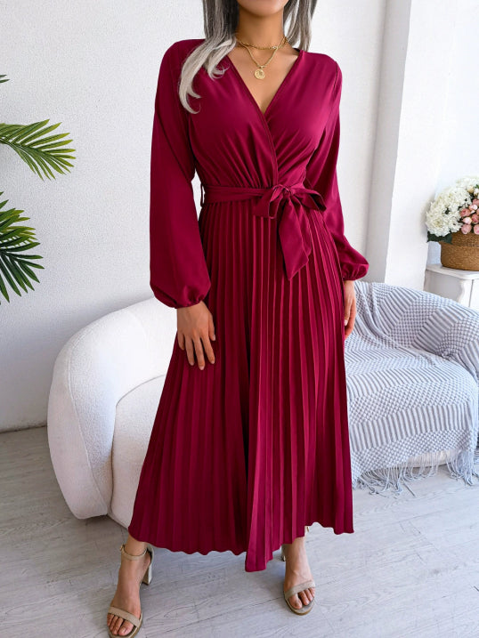 Damen Faltenrock Gürtel Taille V-Ausschnitt Kleid | Midi