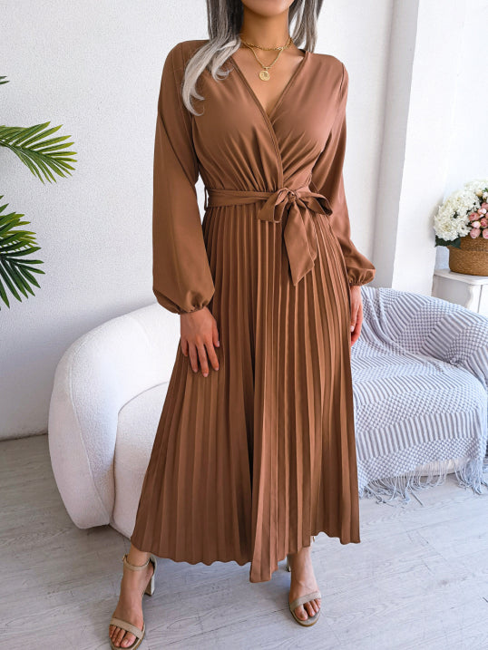 Damen Faltenrock Gürtel Taille V-Ausschnitt Kleid | Midi