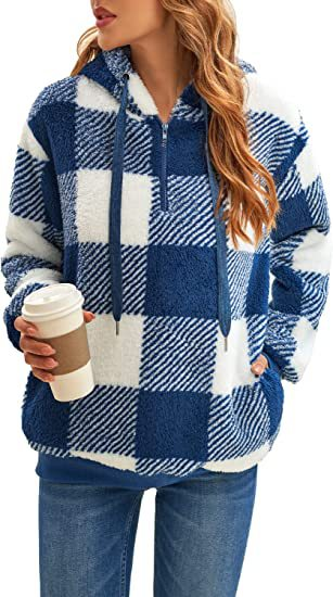 Damen Kapuzenpullover Mit Halbem Reißverschluss Und Karomuster | Strick