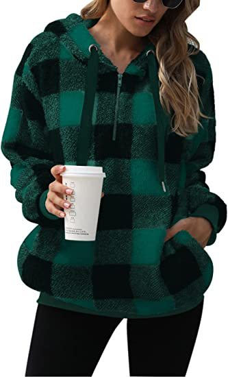 Damen Kapuzenpullover Mit Halbem Reißverschluss Und Karomuster | Strick