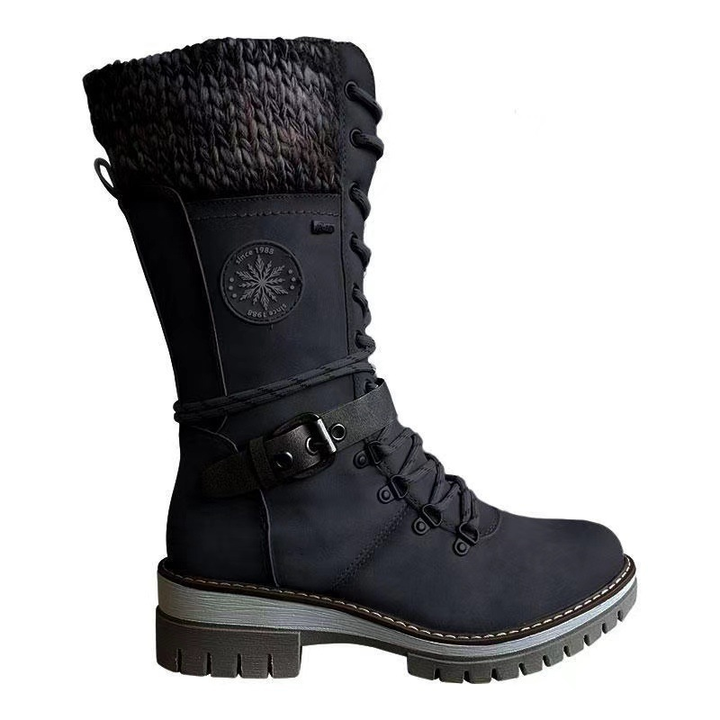 Damen Boots Schwarz mit seitlichem Reißverschluss | Gestrickter Bund