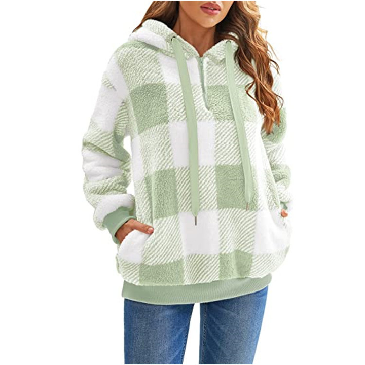 Damen Kapuzenpullover Mit Halbem Reißverschluss Und Karomuster | Strick