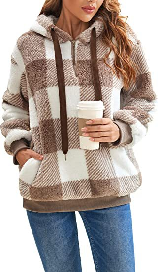 Damen Kapuzenpullover Mit Halbem Reißverschluss Und Karomuster | Strick