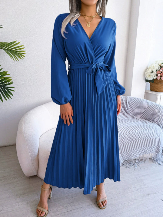 Damen Faltenrock Gürtel Taille V-Ausschnitt Kleid | Midi