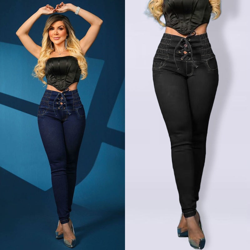 Damen Hoch Tailliert Jeggings | Mit Schnürverschluss