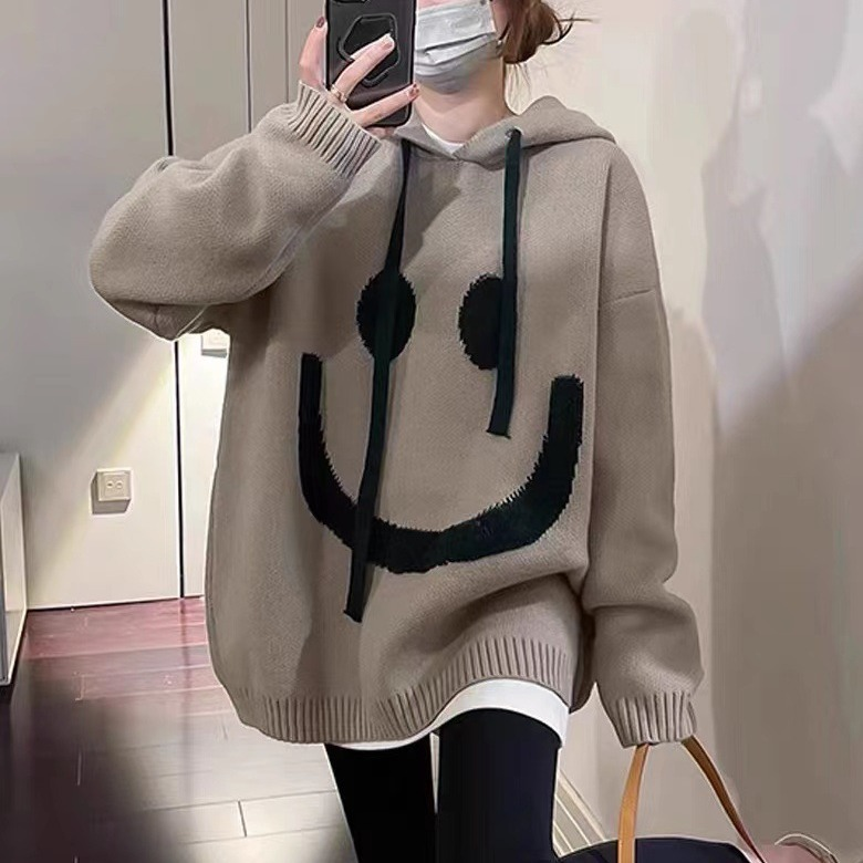 Damen Übergröße Smiley-Gesicht Kapuzenpullovere | Strick