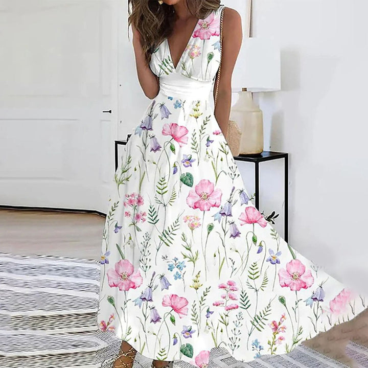 Damen Sommer Luftiges Tiefes V-Ausschnitt Blumen Kleid | Maxi
