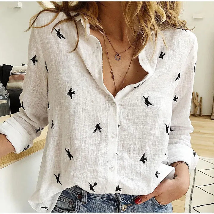 Damen Langarmshirt Mit Vogelmuster | Button Down