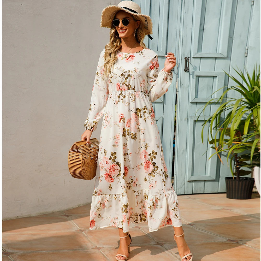 Damen Boho Maxikleid mit Blumenmuster | Langarm