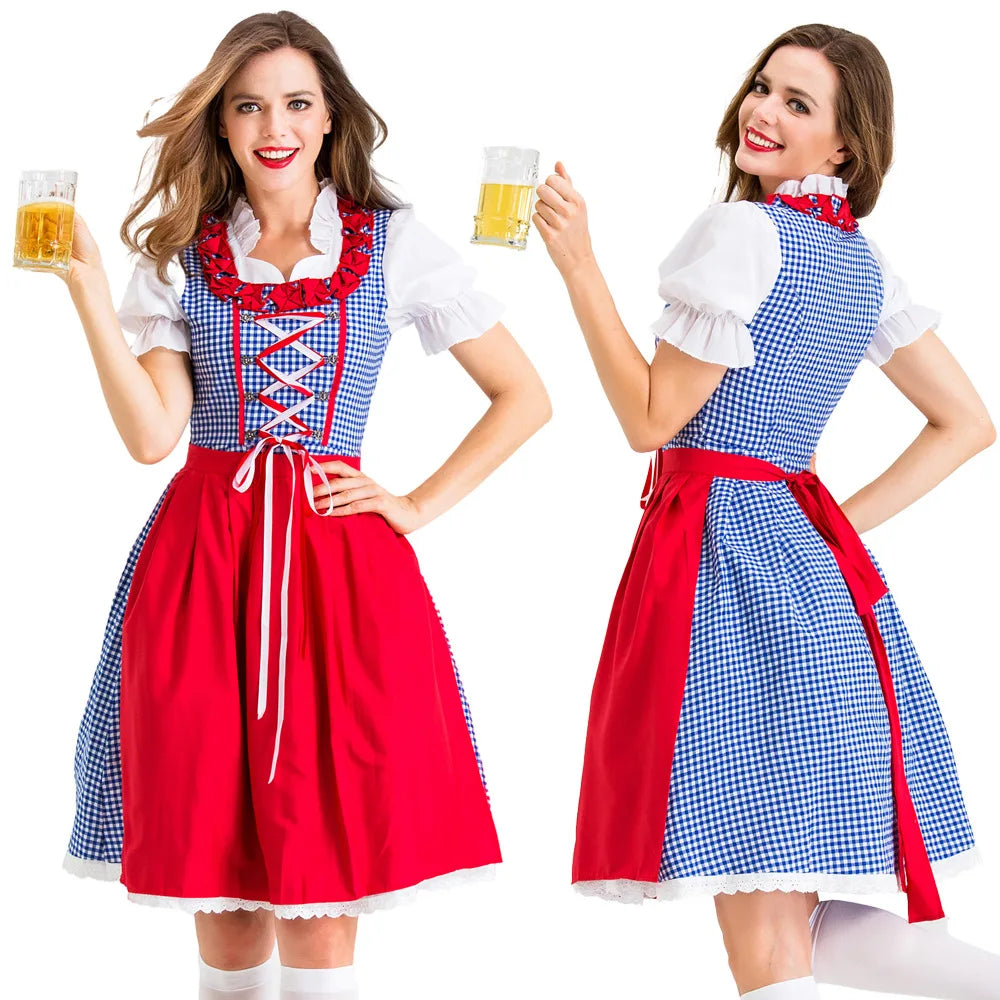 Klassisches Rot-Blau Kariertes Dirndl Kleid | Mit Schürze