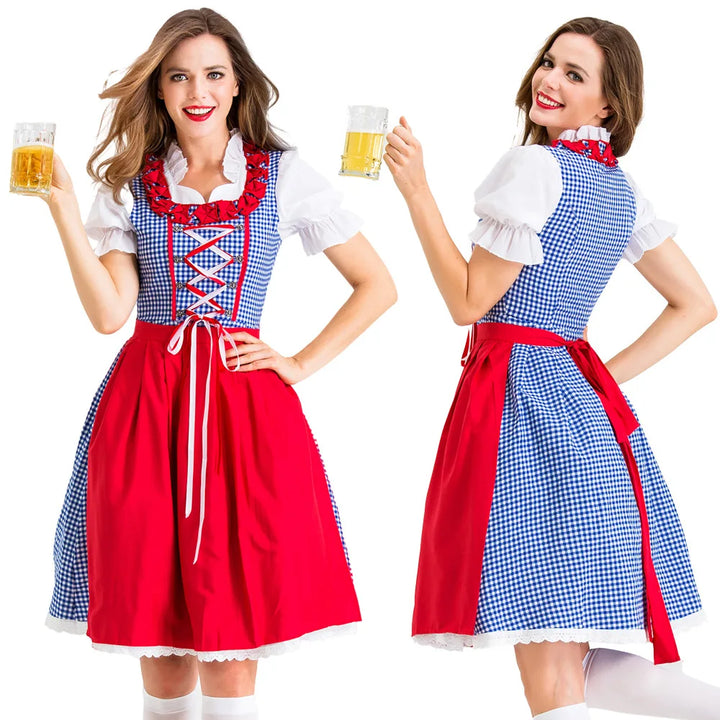 Klassisches Rot-Blau Kariertes Dirndl Kleid | Mit Schürze