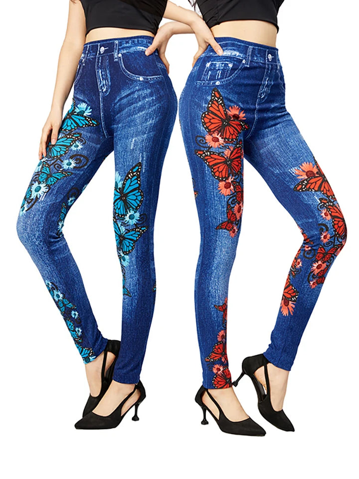 Damen Hoch Tailliert Jeggings | Mit Schmetterlingsdesign