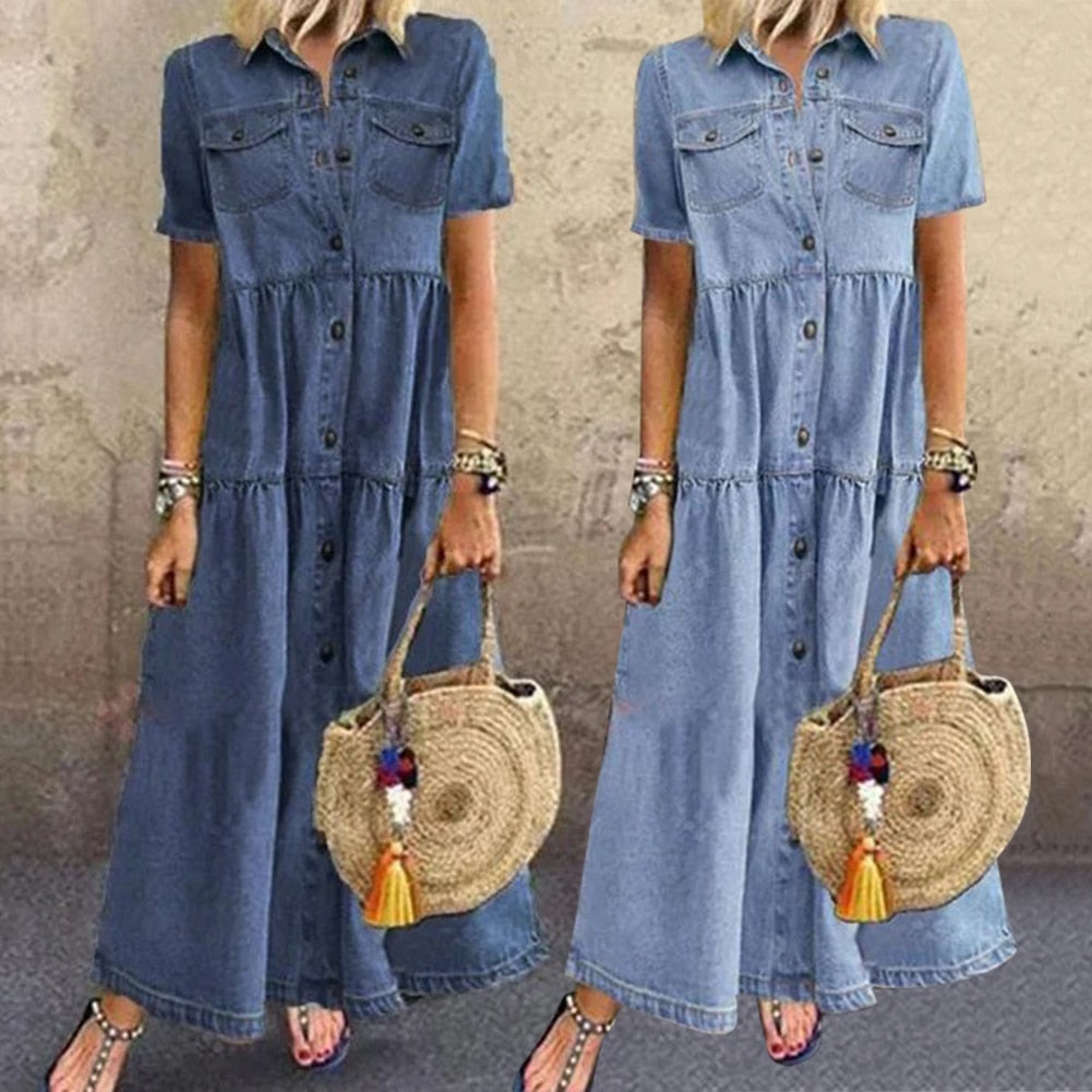 Damen Sommerkleid Mit Knopfleiste Und Vordertaschen | Maxi