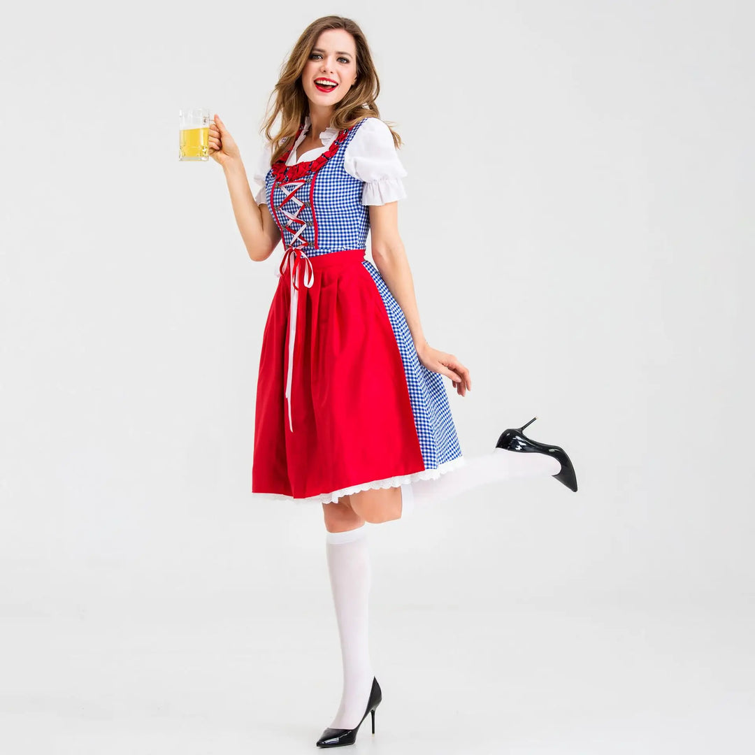 Klassisches Rot-Blau Kariertes Dirndl Kleid | Mit Schürze