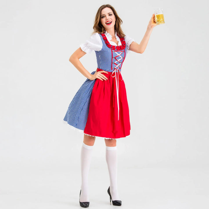 Klassisches Rot-Blau Kariertes Dirndl Kleid | Mit Schürze
