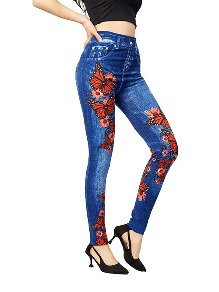 Damen Hoch Tailliert Jeggings | Mit Schmetterlingsdesign
